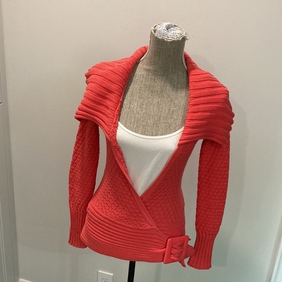 CACHE Vintage 80s Chunky Knit Sweater Side Buckle Wrap Size Small Retro RED - Picture 12 of 14